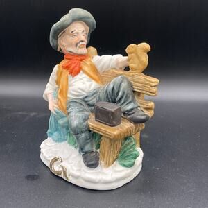 Vintage Capodimonte Style Figurine Old Man on Bench Feeding Squirrel